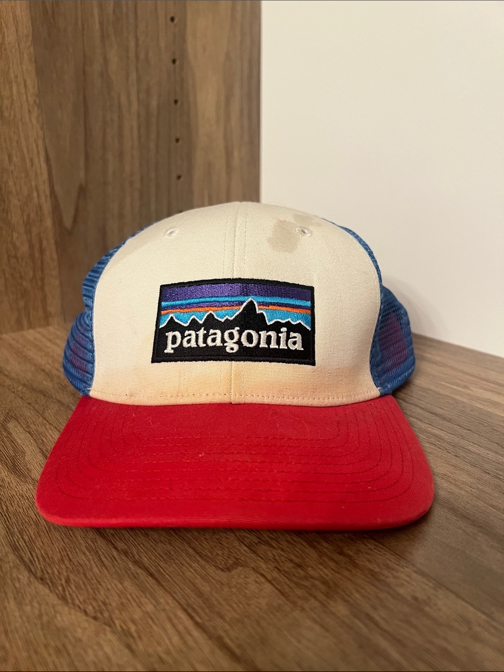 Patagonia red white and blue Trucker Hat with Blue Mesh